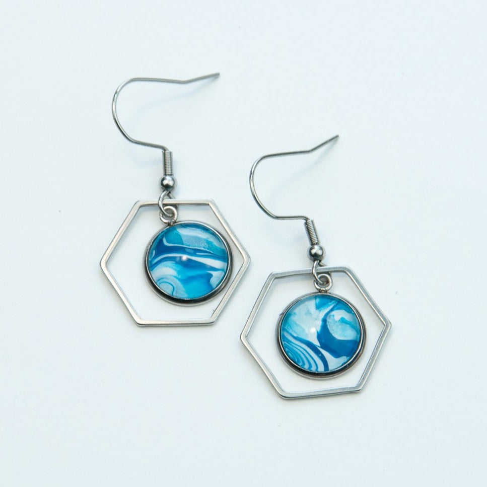 Caribbean Hex Pennant Earrings in Silver (119-S)