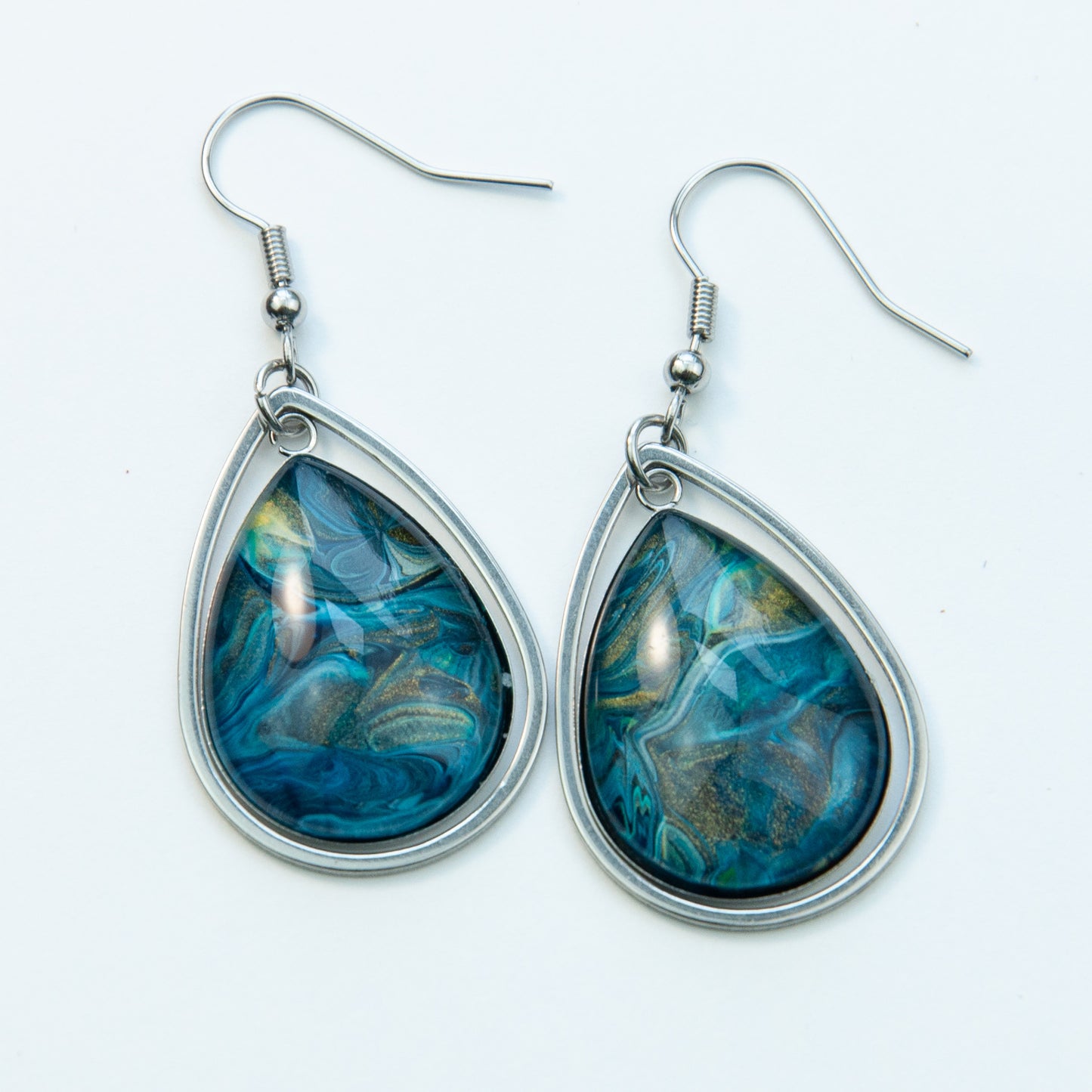 Jumbo Prussian Blue and Silver Teardrop Earrings (102-S)