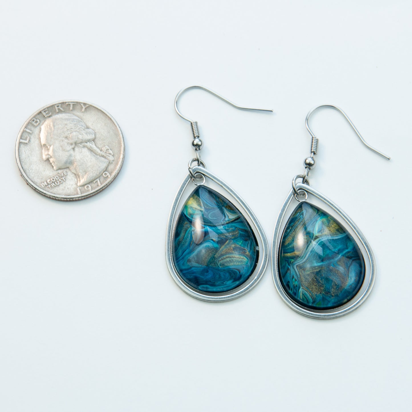 Jumbo Prussian Blue and Silver Teardrop Earrings (102-S)