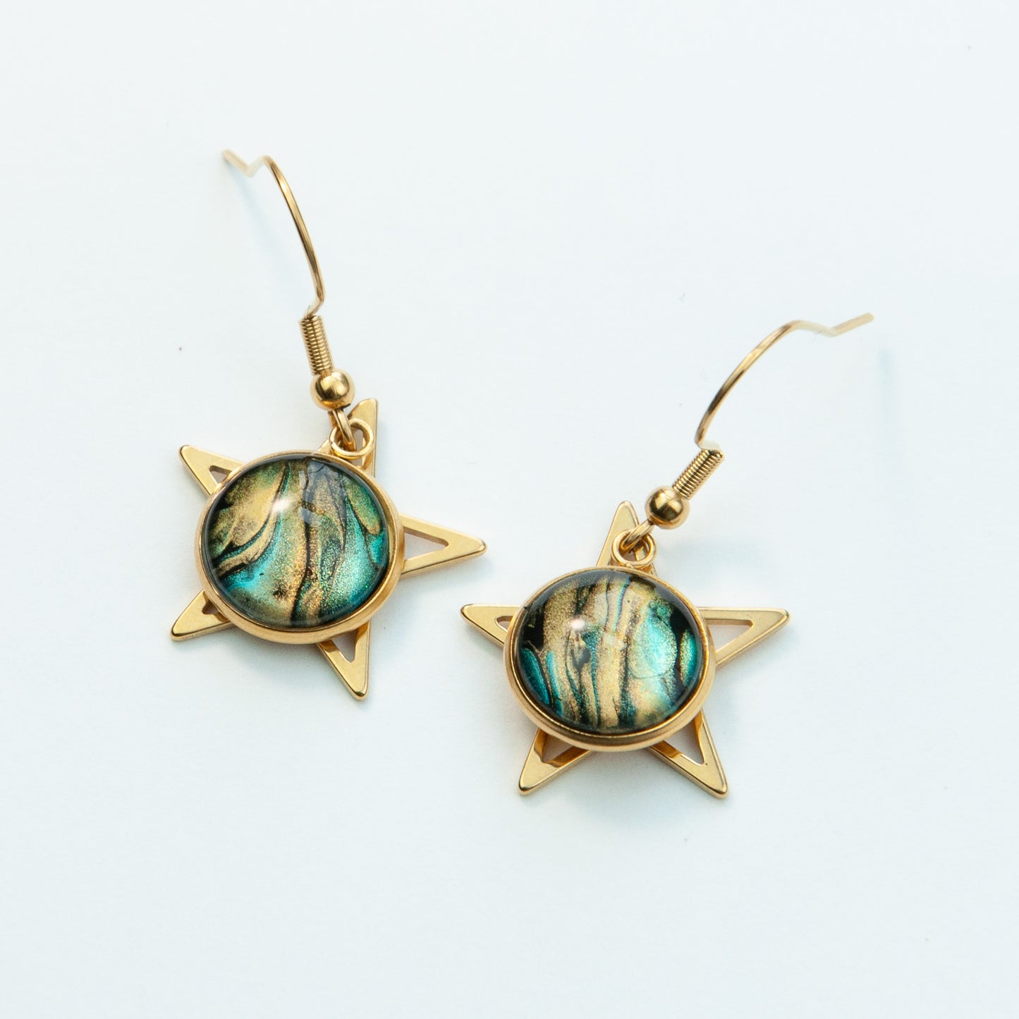 Gold, Teal, and Midnight Navy Star Pennant Earrings (107-G)