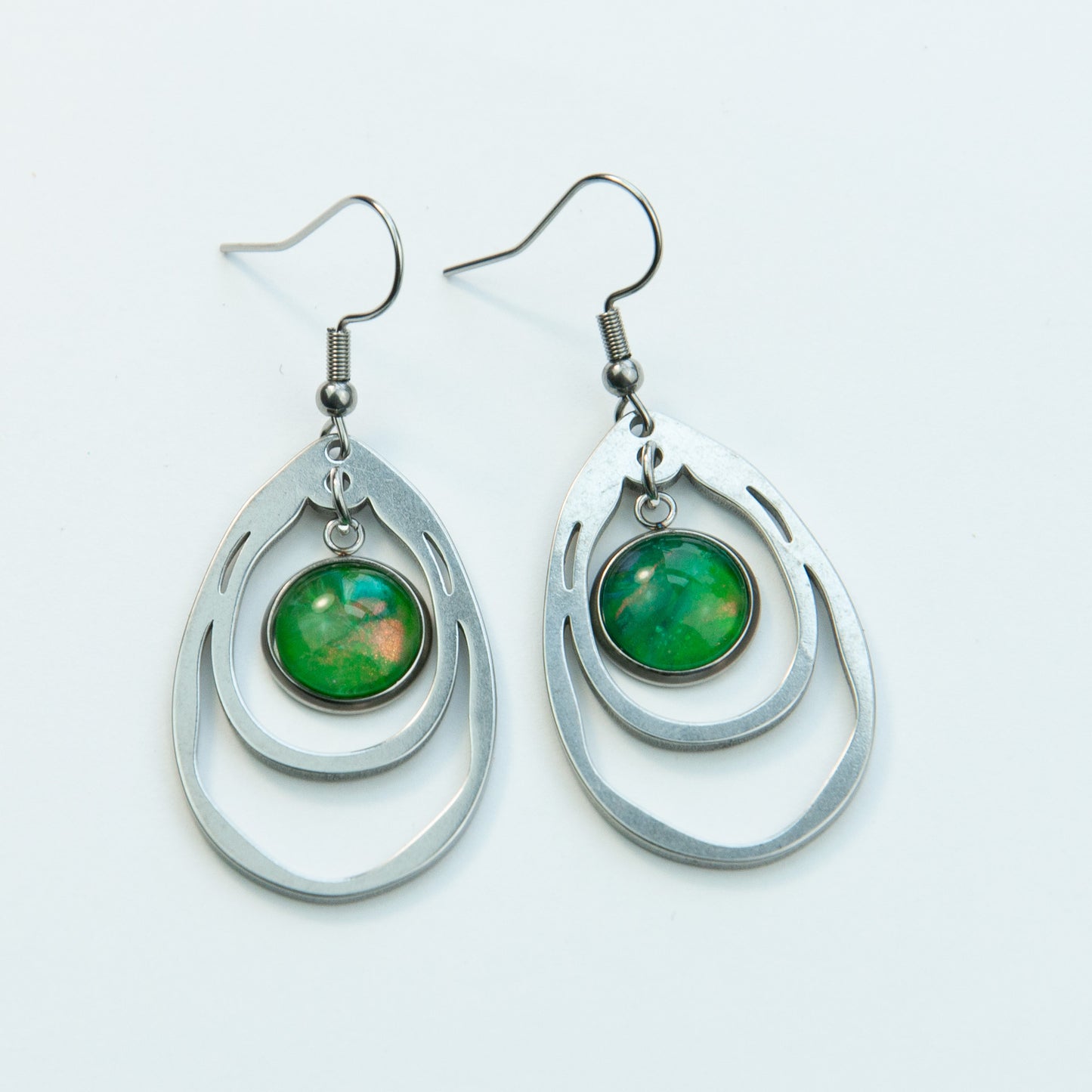 Green and Copper Glass Cabochon Pennant Earrings (111-S)
