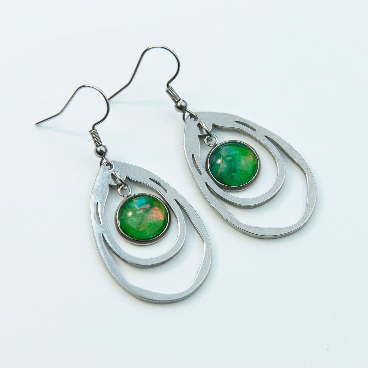 Green and Copper Glass Cabochon Pennant Earrings (111-S)