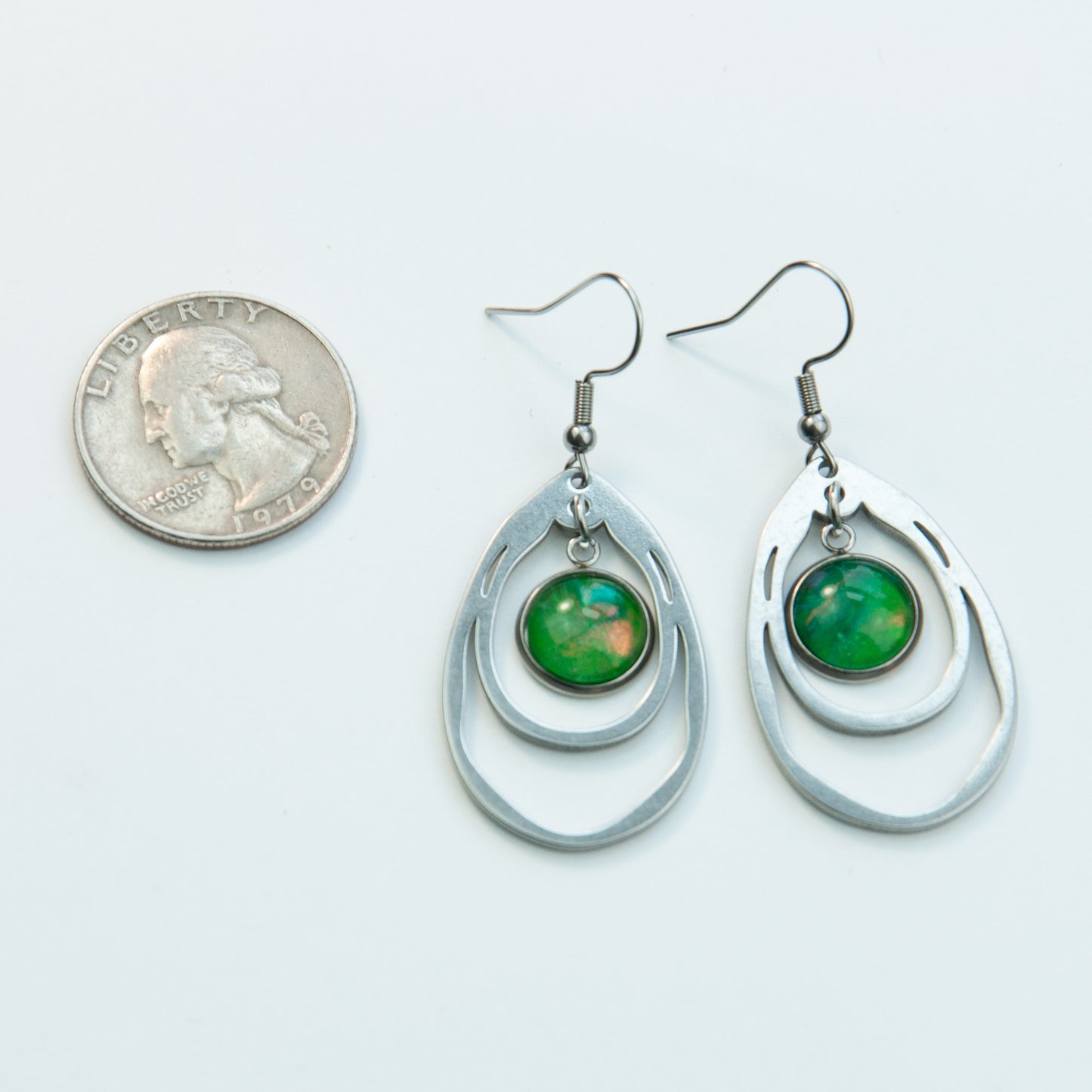 Green and Copper Glass Cabochon Pennant Earrings (111-S)