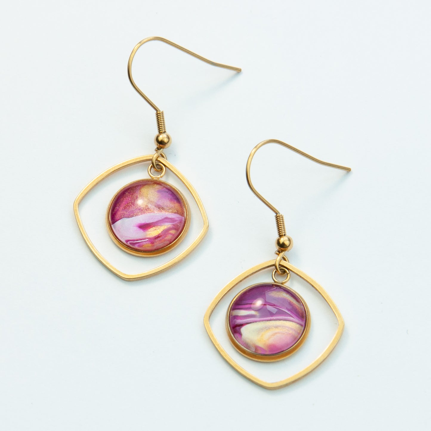 Pink and Gold Rounded Square Pennant Earrings (110-G)