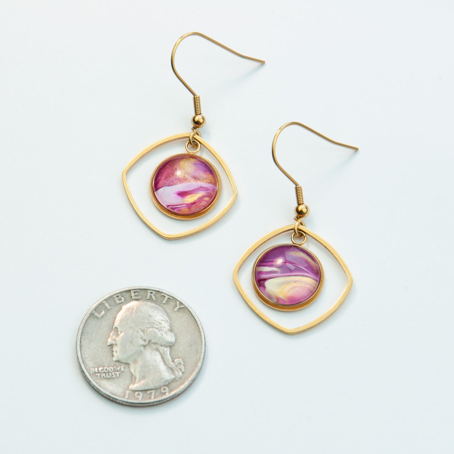 Pink and Gold Rounded Square Pennant Earrings (110-G)
