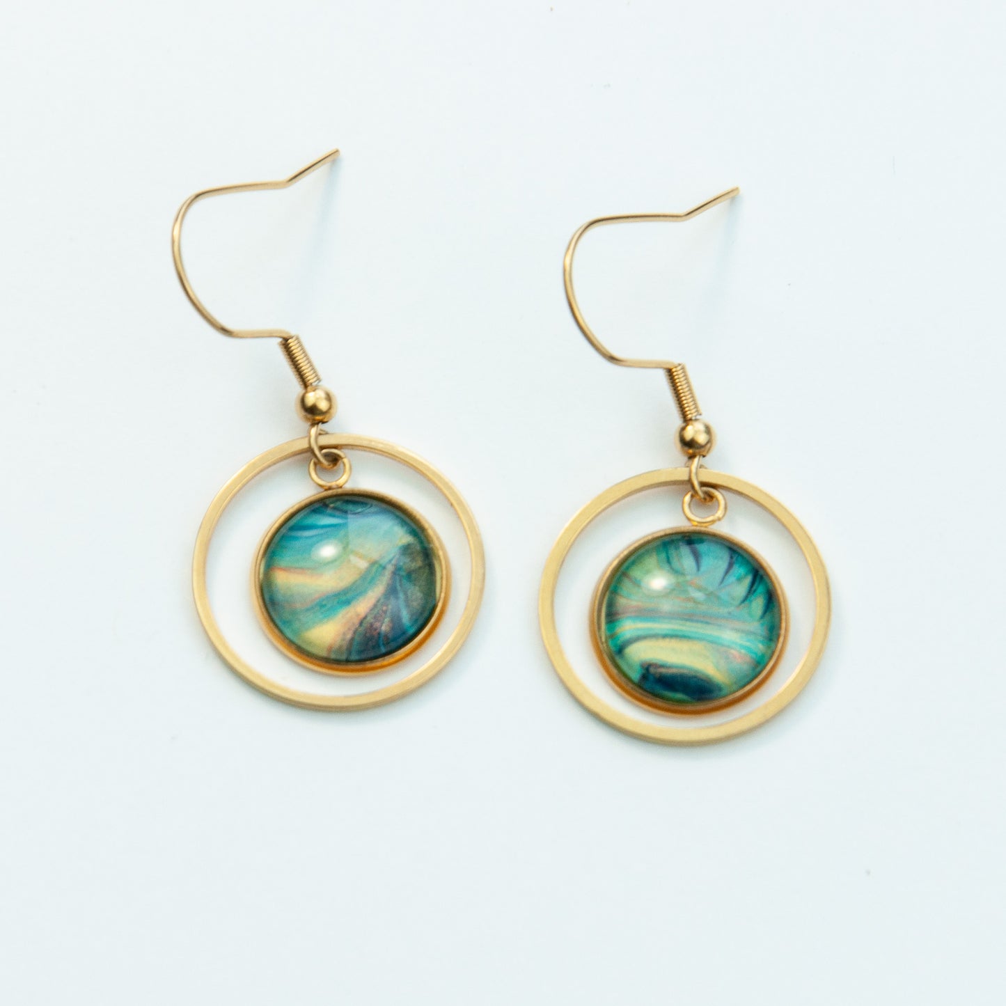 Teal and Shimmery Gold Circular Pennant Earrings (106-G)