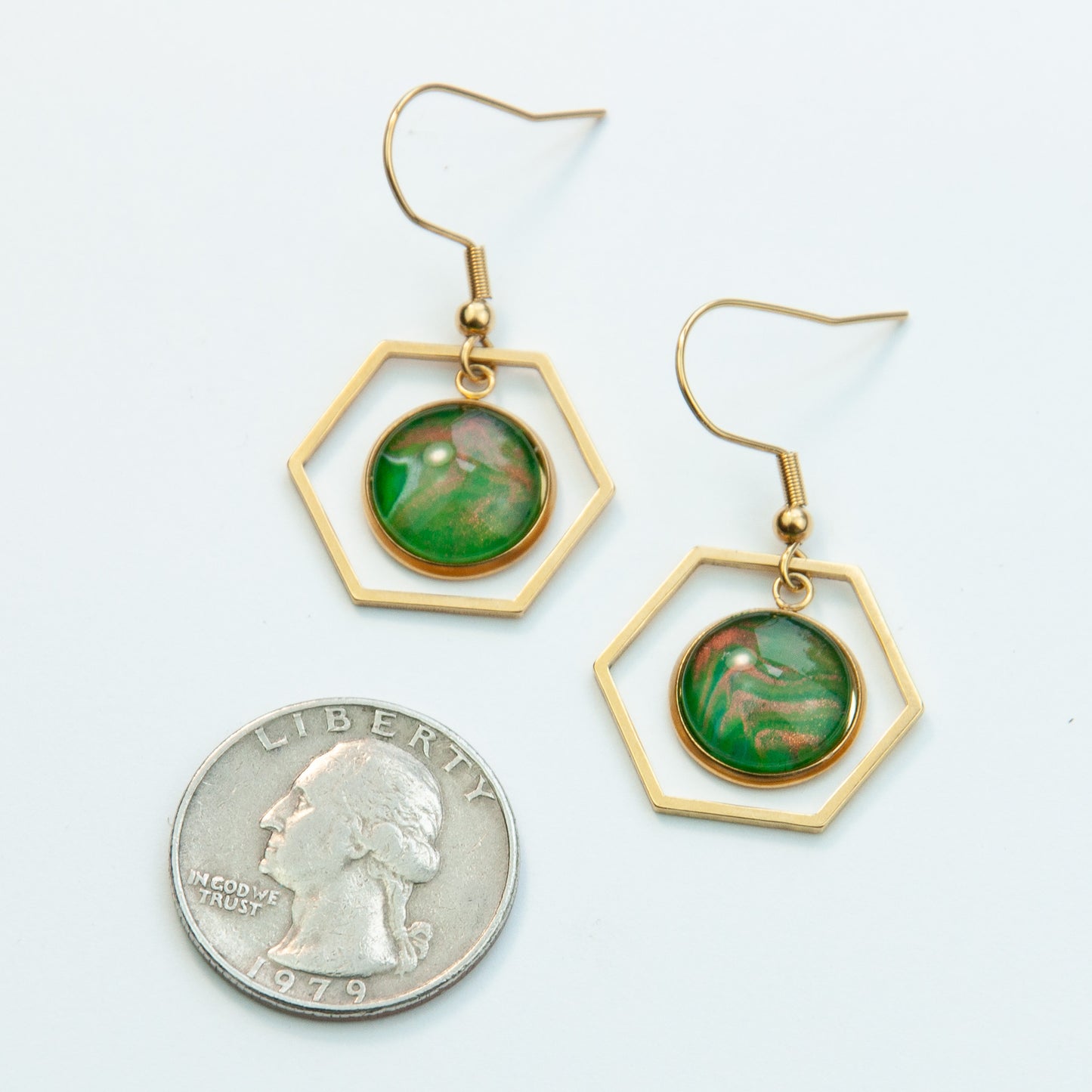 Gold Hex Green and Copper Pennant Earrings (116-G)