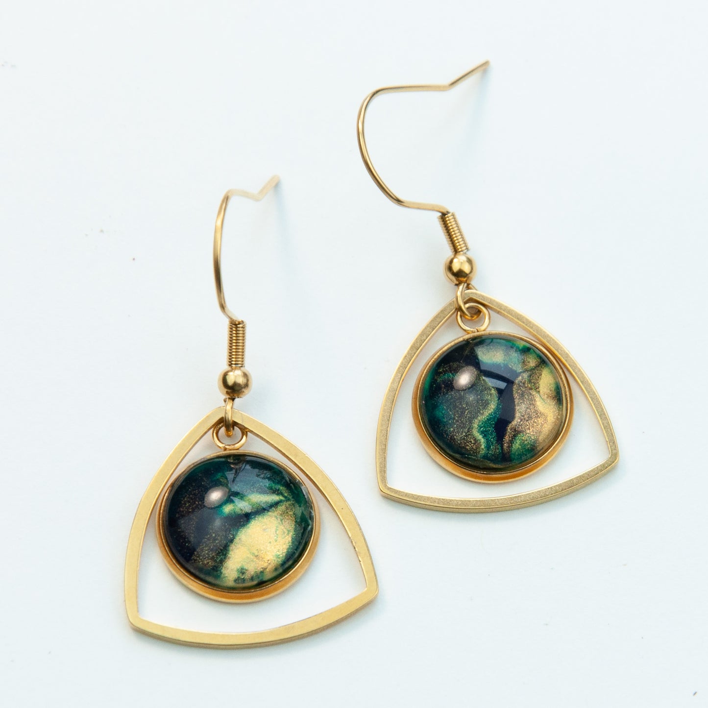 Midnight Navy, Gold, and Teal Gold Pennant Earrings (104-G)
