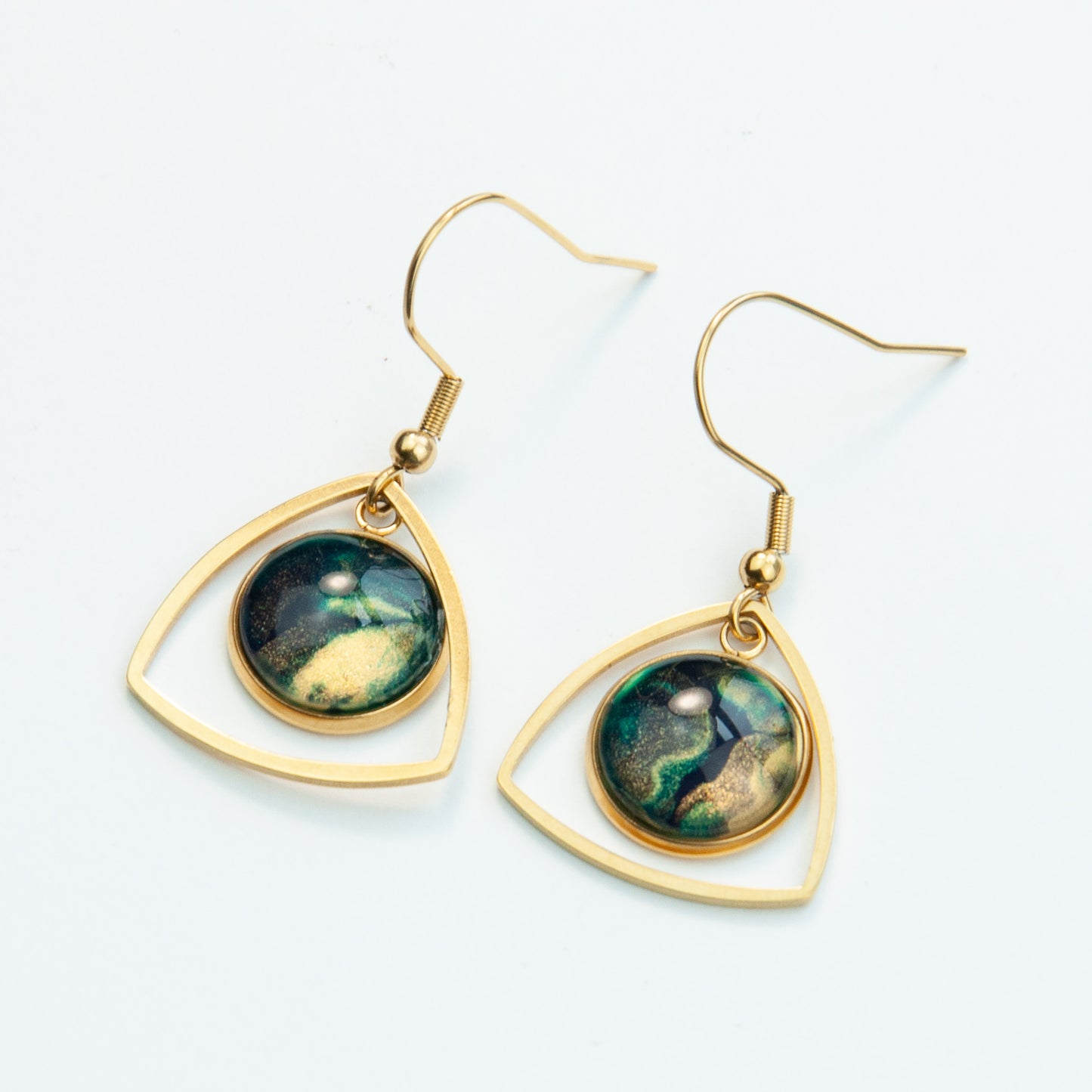 Midnight Navy, Gold, and Teal Gold Pennant Earrings (104-G)