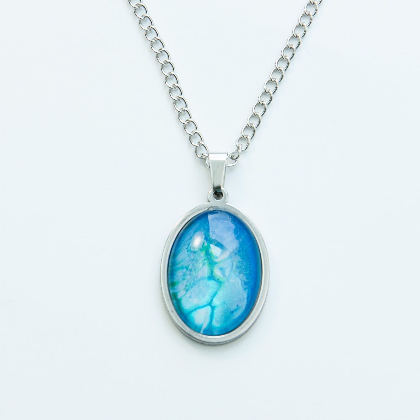 "Shimmer" Light Blue and Teal Fluid Art Necklace (206)