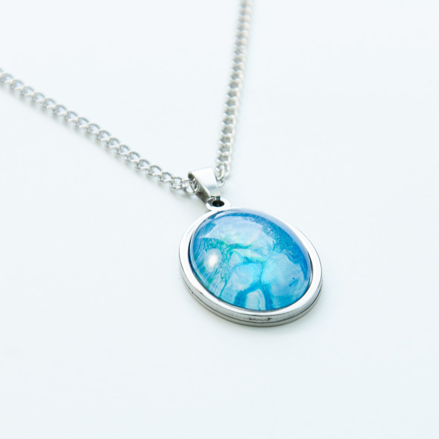 "Shimmer" Light Blue and Teal Fluid Art Necklace (206)