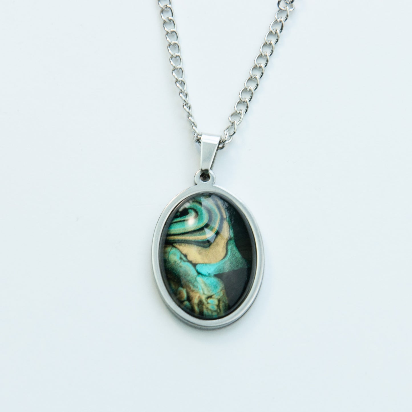 "Iridescence" Gold and Teal Fluid Art Necklace (205)