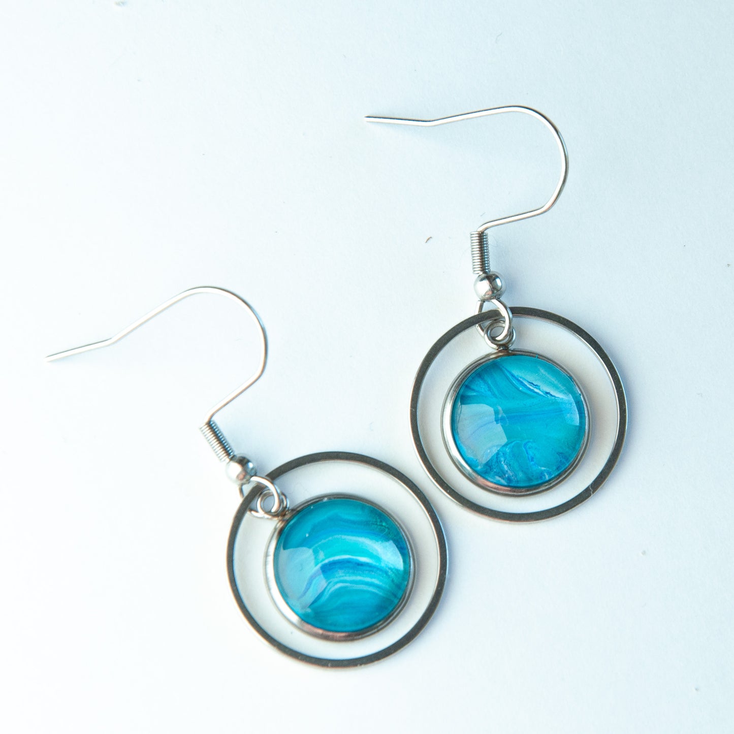 Teal Circle Silver Pendant Earrings (124-S)