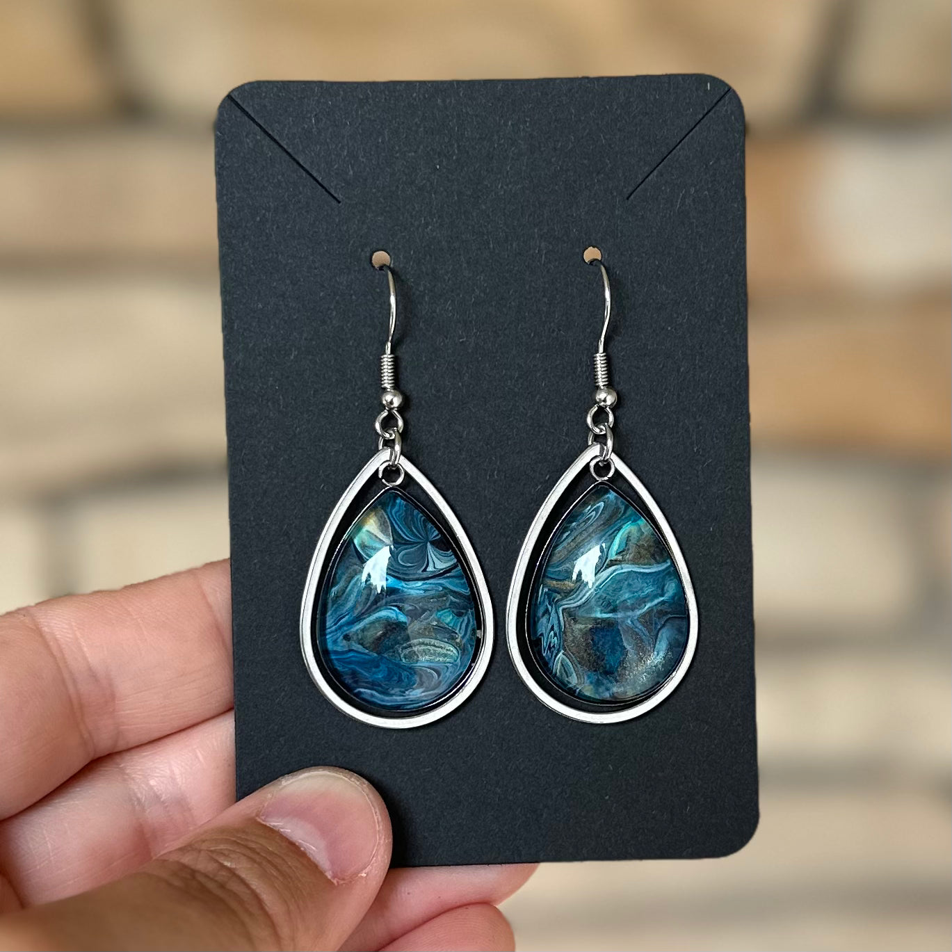 Jumbo Prussian Blue and Silver Teardrop Earrings (102-S)