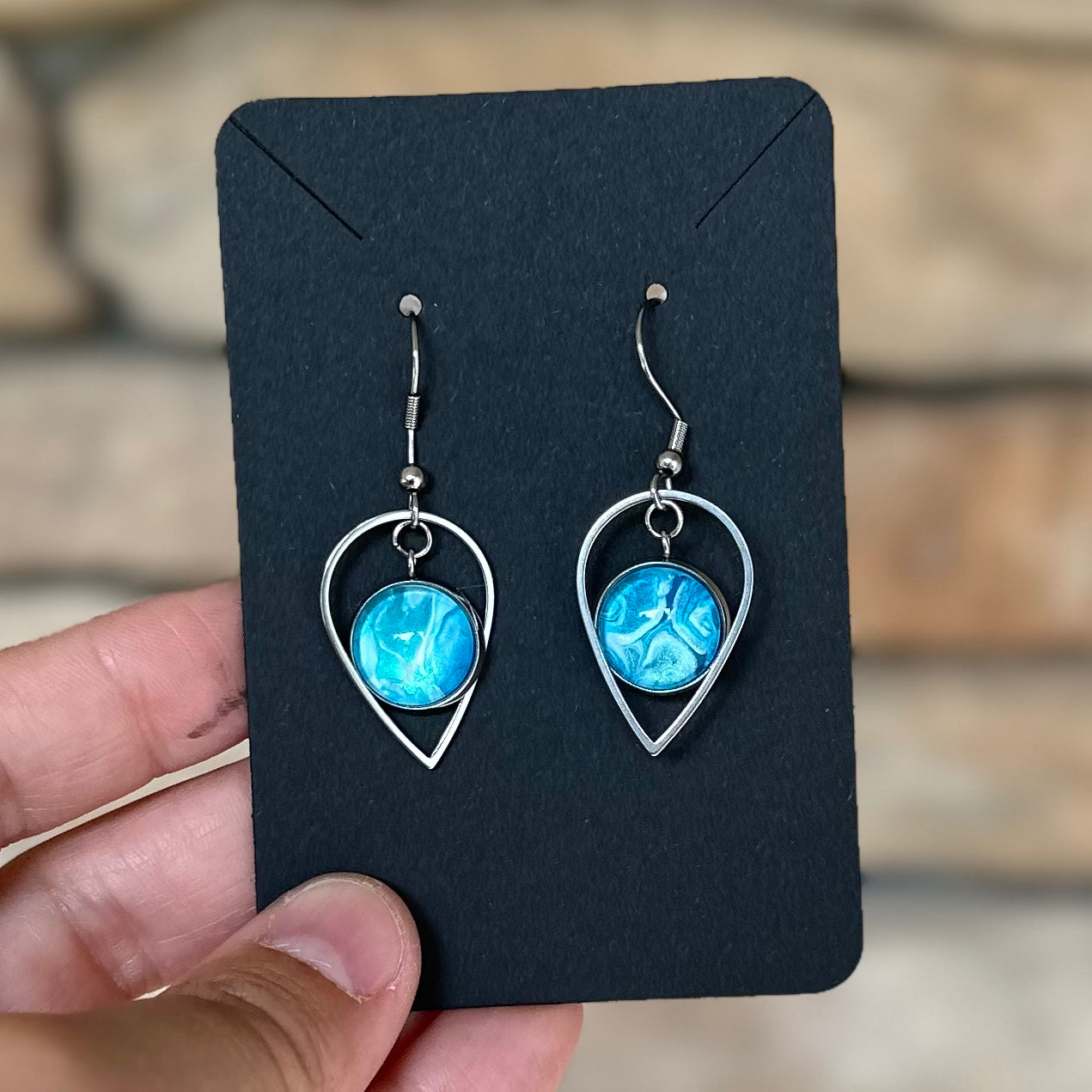 Bright Teal and Silver Teardrop Earrings (103-S)