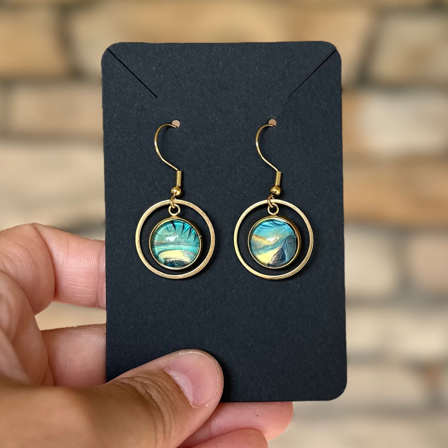 Teal and Shimmery Gold Circular Pennant Earrings (106-G)