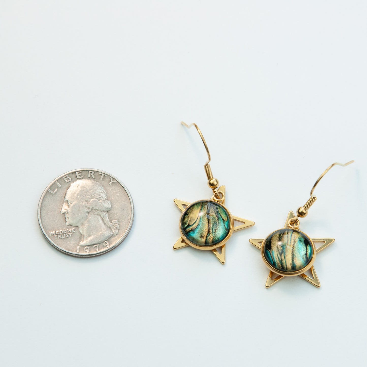 Gold, Teal, and Midnight Navy Star Pennant Earrings (107-G)
