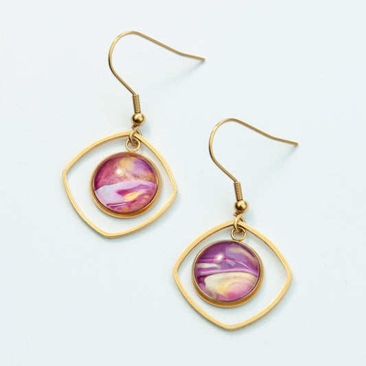 Pink and Gold Rounded Square Pennant Earrings (110-G)