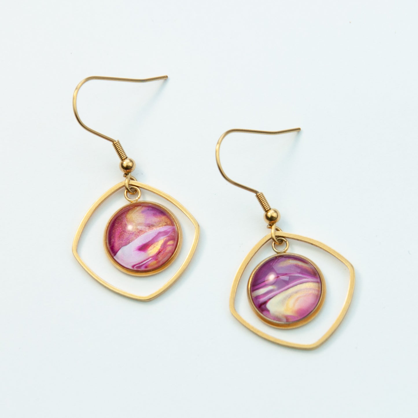 Pink and Gold Rounded Square Pennant Earrings (110-G)