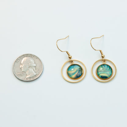 Teal and Shimmery Gold Circular Pennant Earrings (106-G)