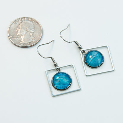 Deep Sea Blue Square Pennant Earrings in Silver (115-S)