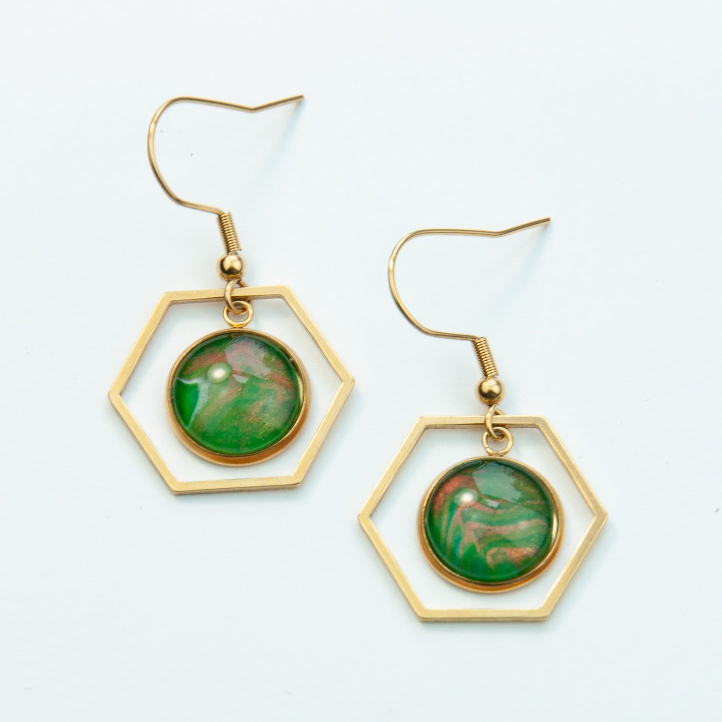 Gold Hex Green and Copper Pennant Earrings (116-G)