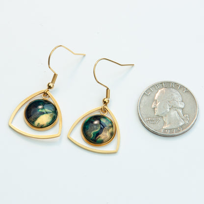 Midnight Navy, Gold, and Teal Gold Pennant Earrings (104-G)