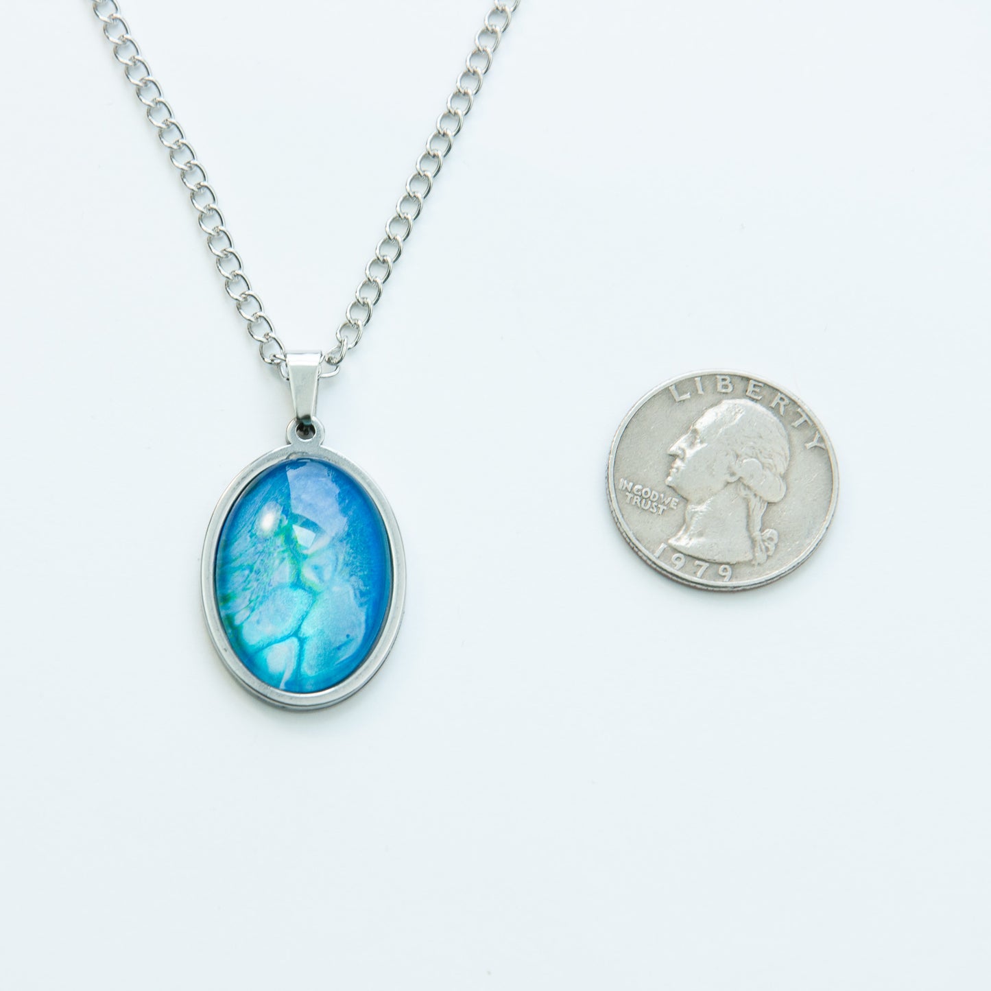 "Shimmer" Light Blue and Teal Fluid Art Necklace (206)