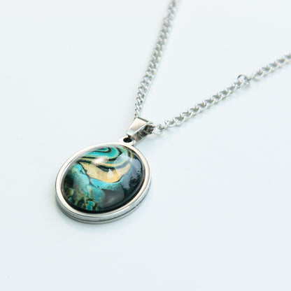 "Iridescence" Gold and Teal Fluid Art Necklace (205)