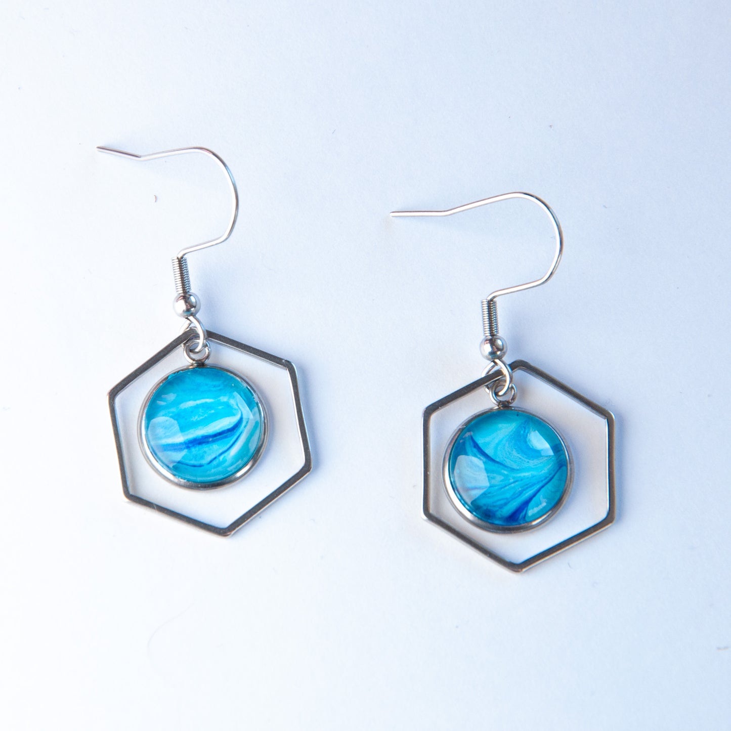 Blue Hexagon Silver Pendant Earrings (125-S)
